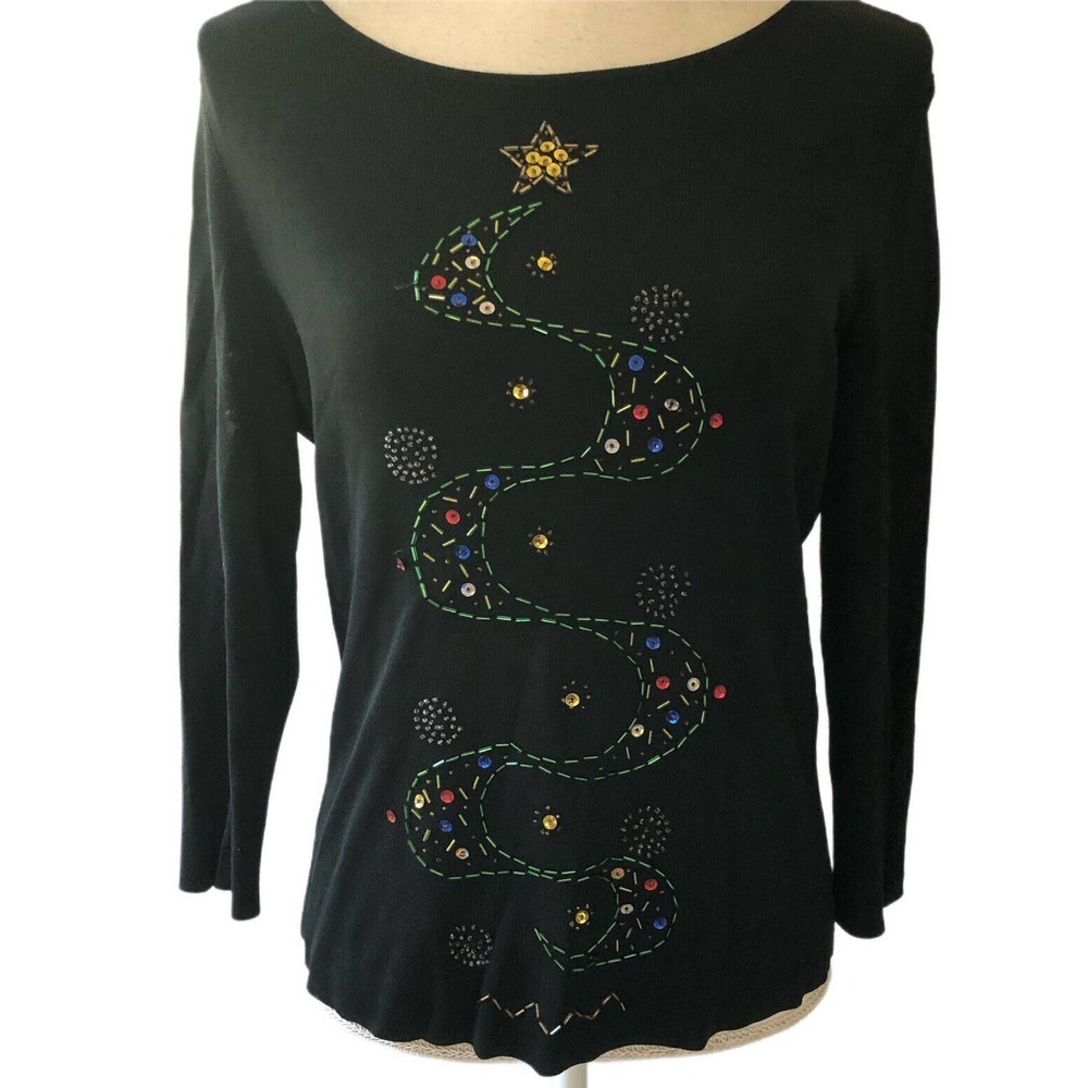 Lucia Burns Christmas Sweater Tree Black Women Size Large Sequin Top Embellished